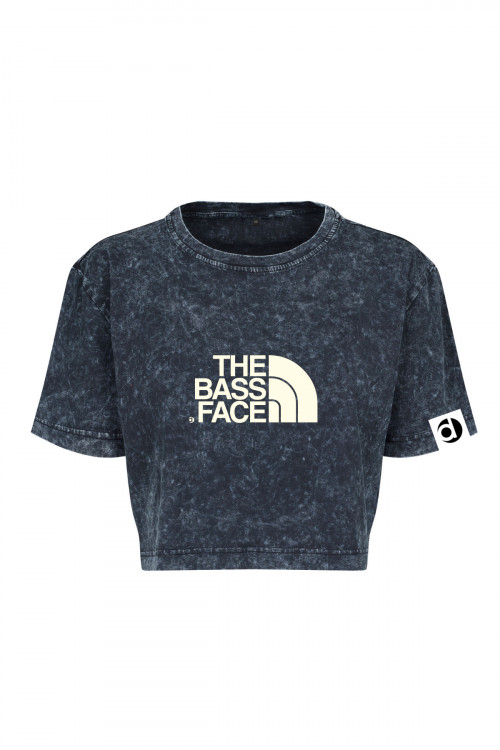 T-SHIRT THE BASS FACE PARODY BY DNBWEAR CROP TOP BLACK ACID WASHED - GLOWS IN THE DARK